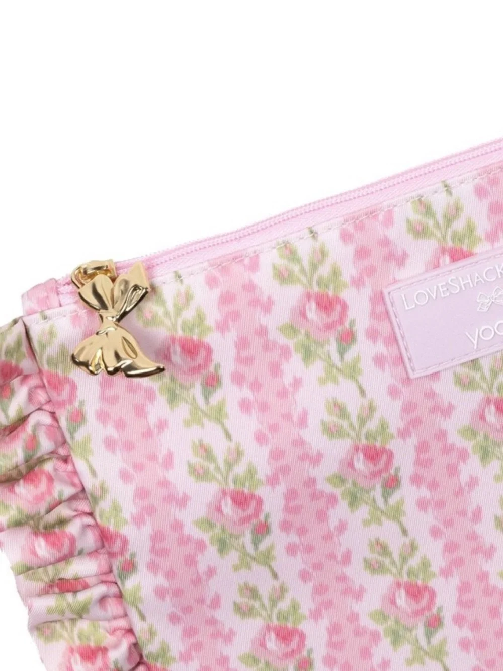 LoveShackFancy Pink Floral Ruffle Pouch with Gold Zip Pull